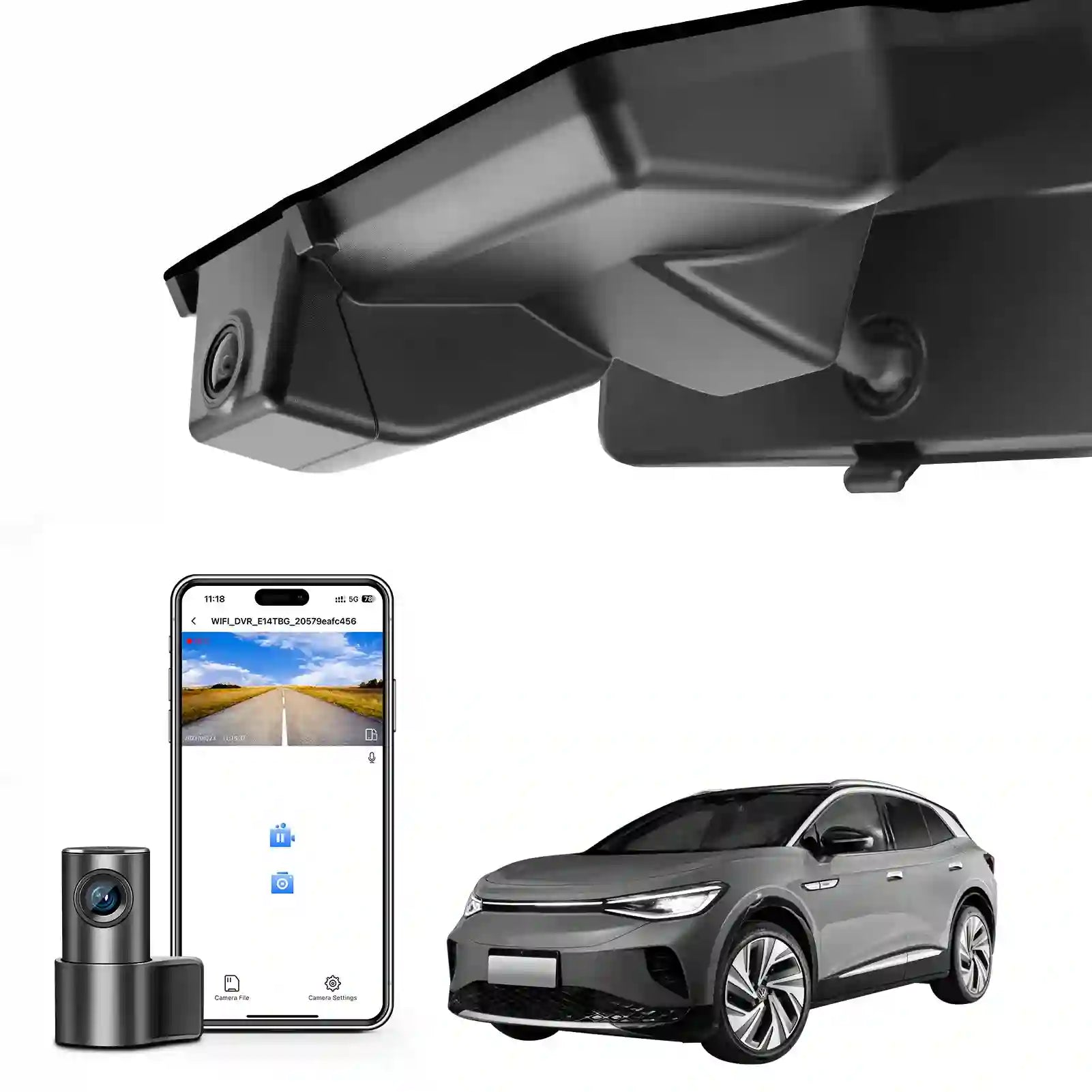 Mangoal 2 channel dash cam with STARVIS sensor, features smartphone app control, front 4K UHD and rear Full HD recording, GPS tracking, and Volkswagen ID.3 in the background.