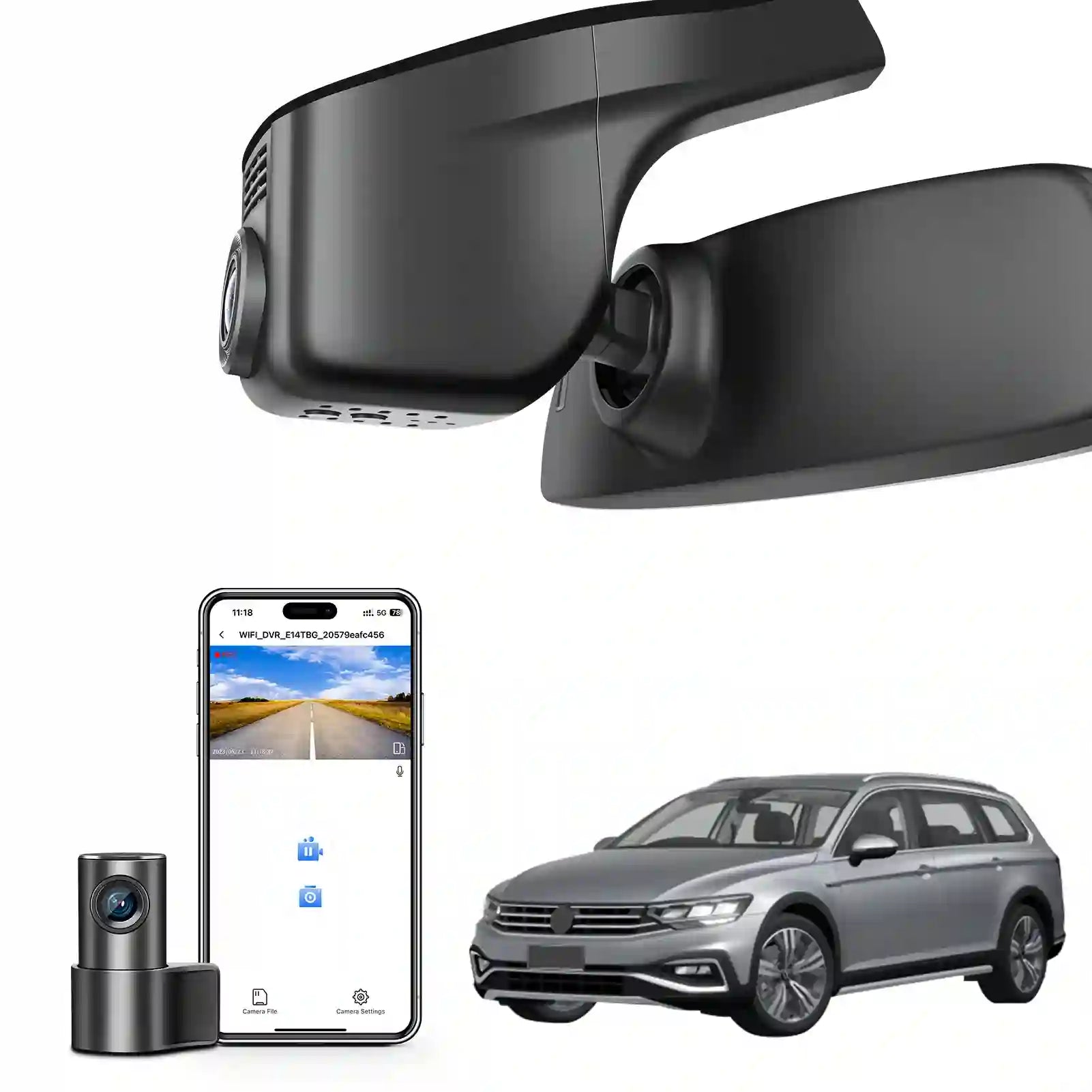 Mangoal 2 channel dash cam with STARVIS sensor, features smartphone app control, front 4K UHD and rear Full HD recording, GPS tracking, and Volkswagen Passat in the background.