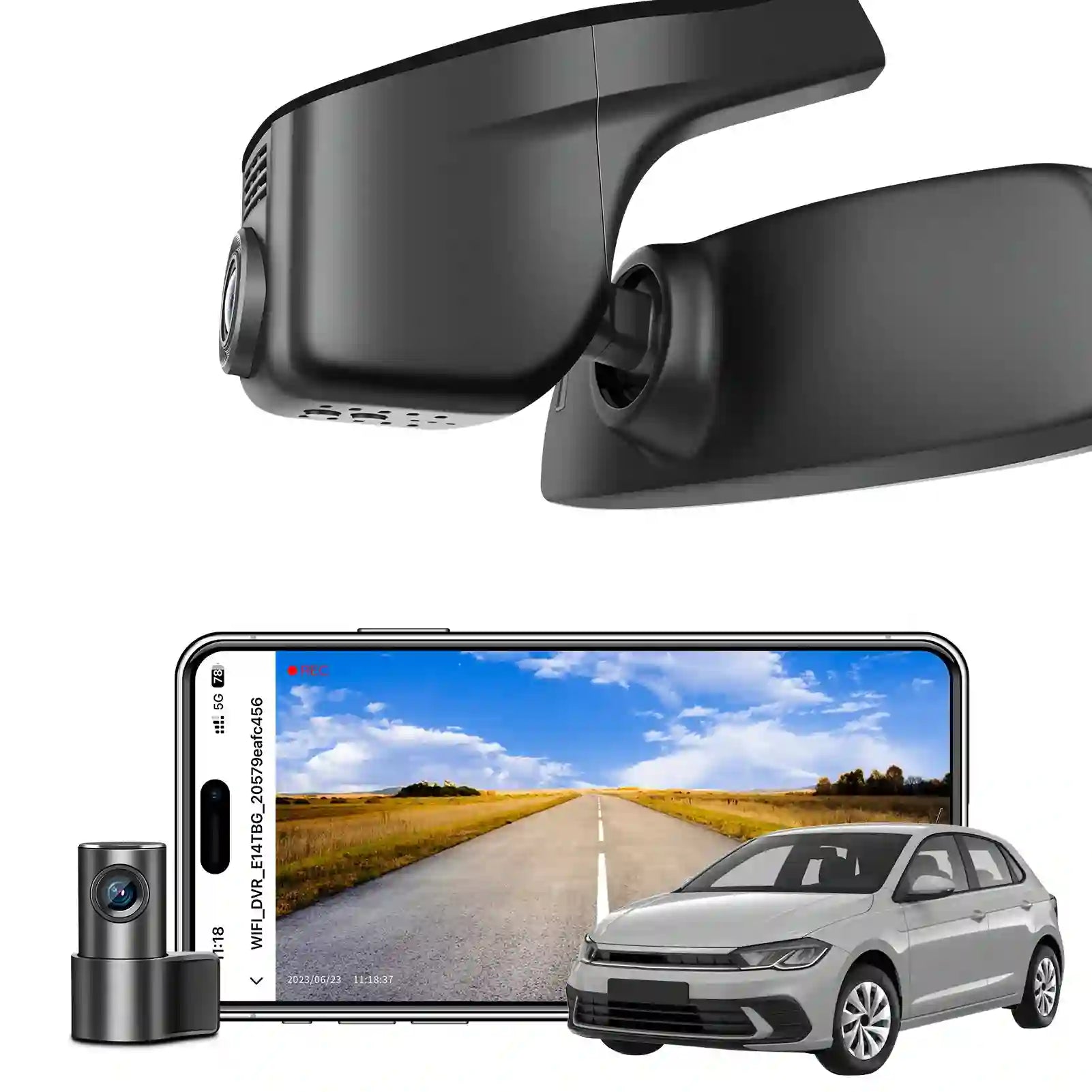 Mangoal 2 channel dash cam with STARVIS sensor, features smartphone app control, front 4K UHD and rear Full HD recording, GPS tracking, and Volkswagen Polo in the background.