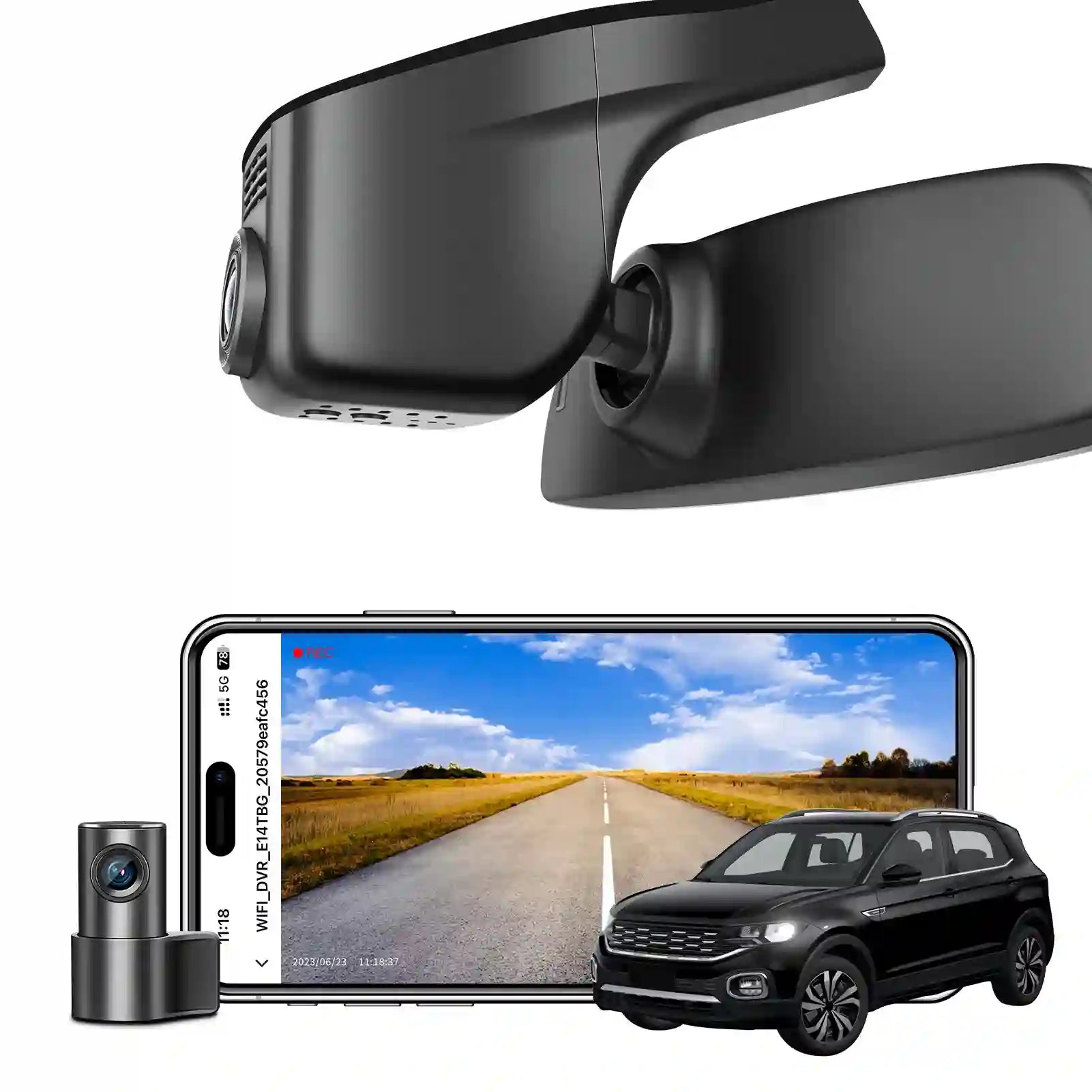 Mangoal 2 channel dash cam with STARVIS sensor, features smartphone app control, front 4K UHD and rear Full HD recording, GPS tracking, and Volkswagen T-Cross in the background.