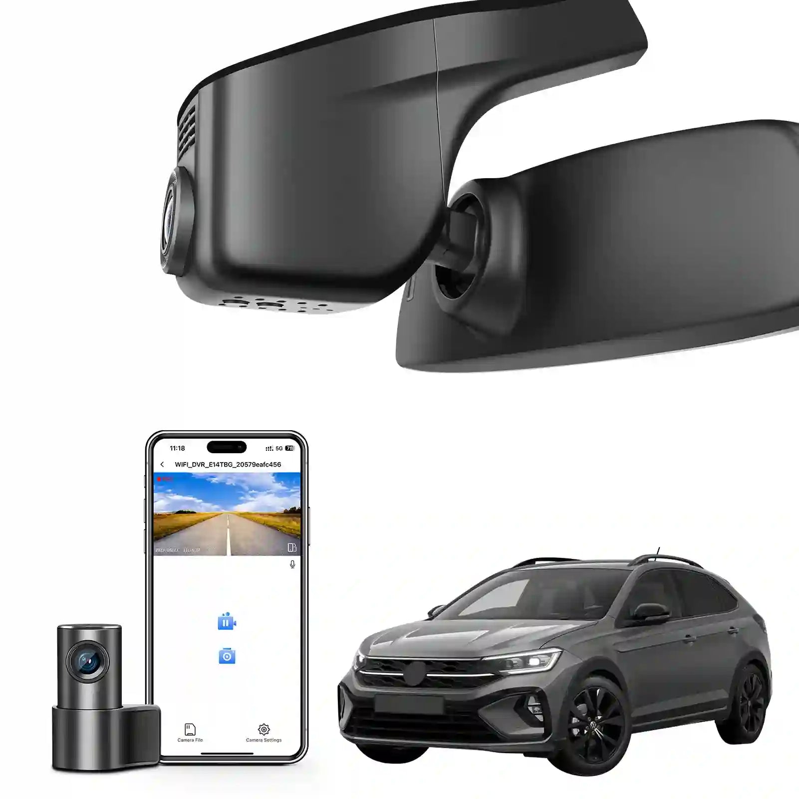 Mangoal 2 channel dash cam with STARVIS sensor, features smartphone app control, front 4K UHD and rear Full HD recording, GPS tracking, and Volkswagen Taigo models in the background.