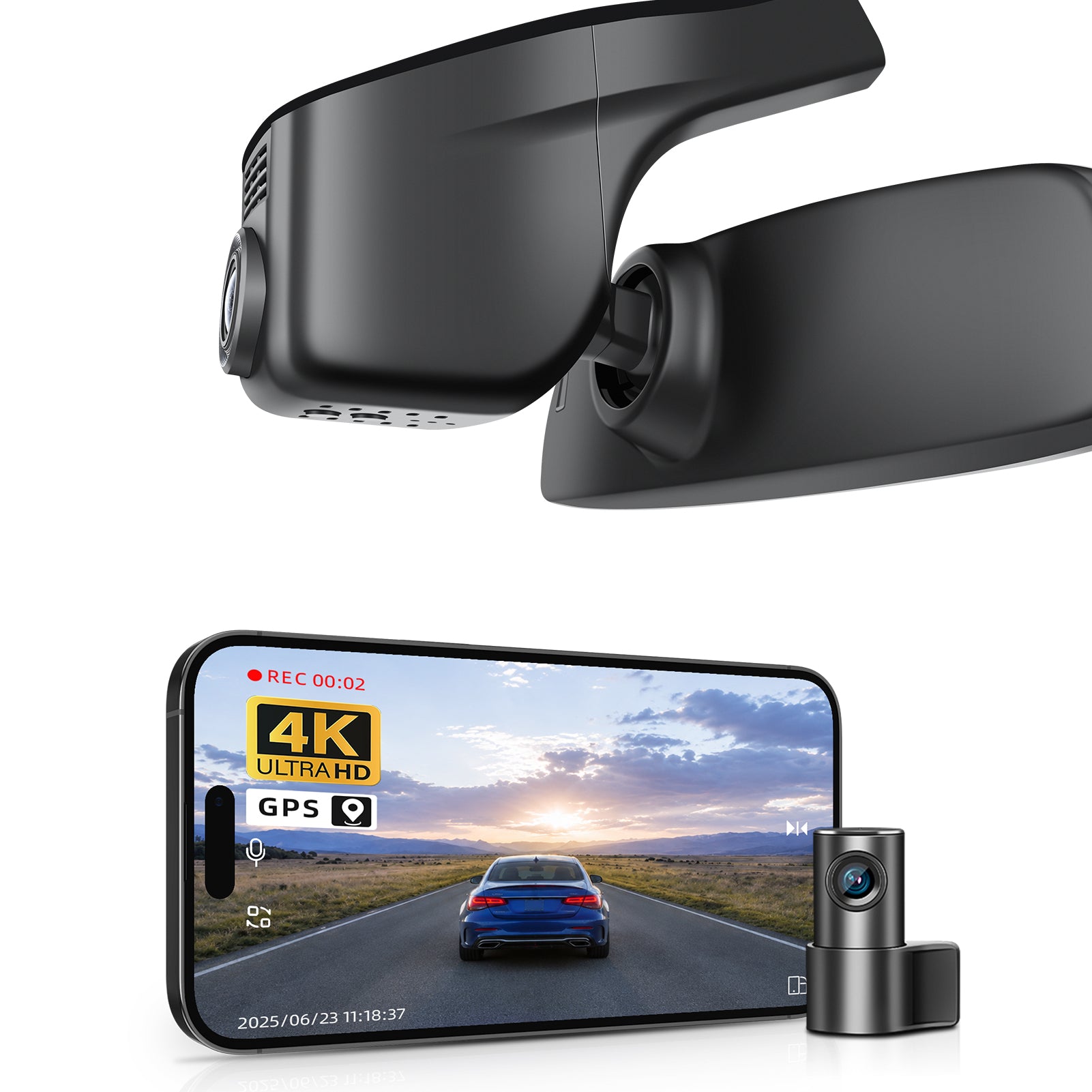 Mangoal 2 channel dash cam with STARVIS sensor, features smartphone app control, front 4K UHD and rear Full HD recording, GPS tracking, and Volkswagen Taos in the background.