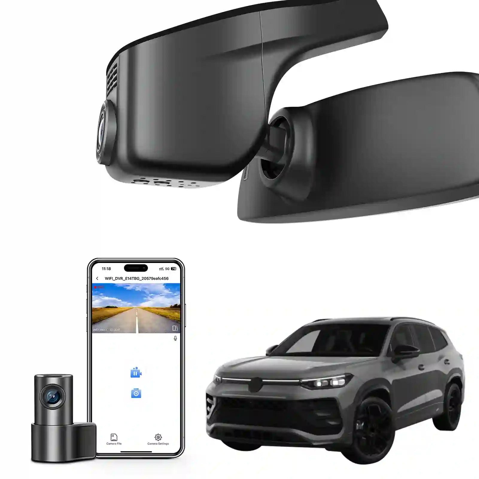 Mangoal 2 channel dash cam with STARVIS sensor, features smartphone app control, front 4K UHD and rear Full HD recording, GPS tracking, and Volkswagen Tayron in the background.