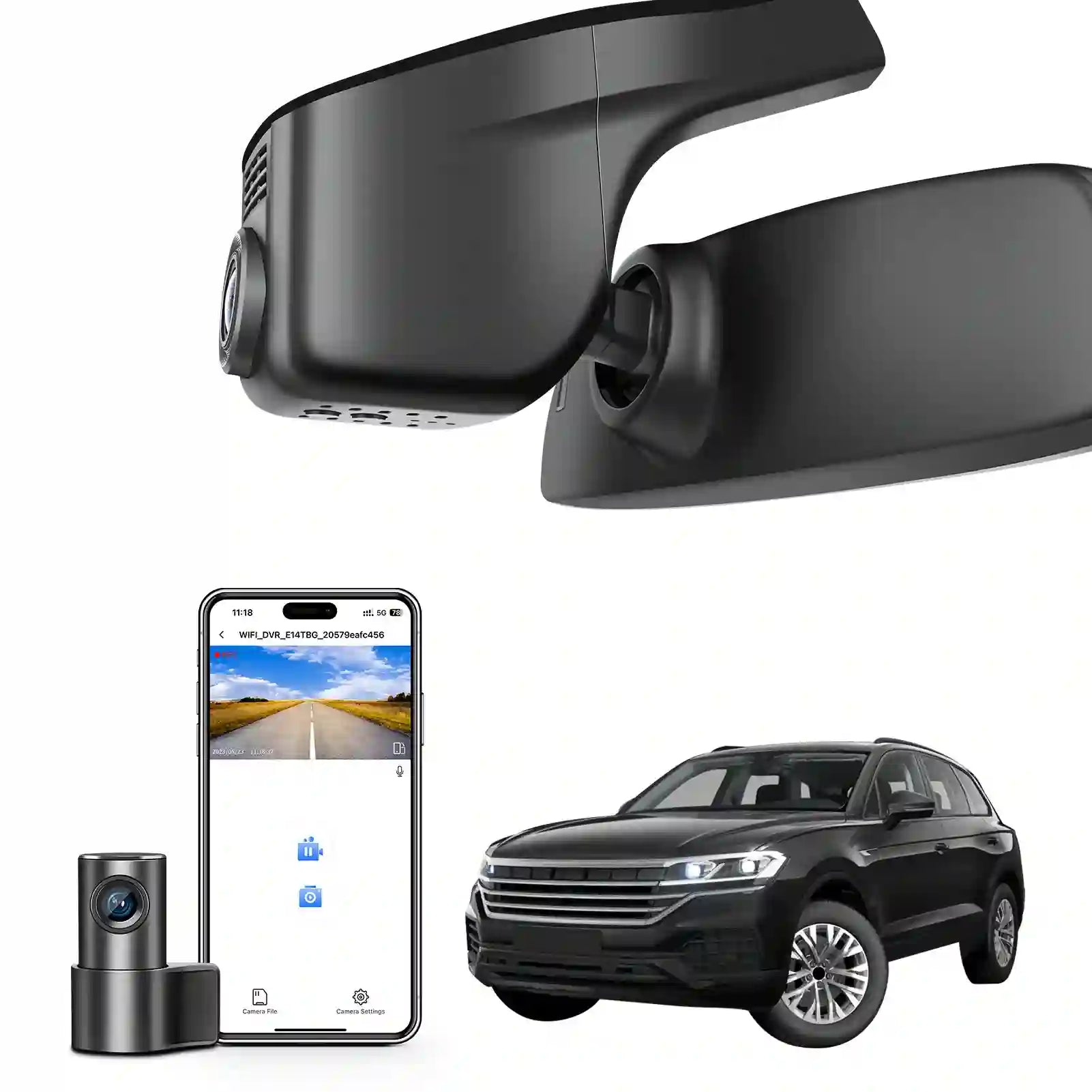 Mangoal 2 channel dash cam with STARVIS sensor, features smartphone app control, front 4K UHD and rear Full HD recording, GPS tracking, and Volkswagen Touareg in the background.