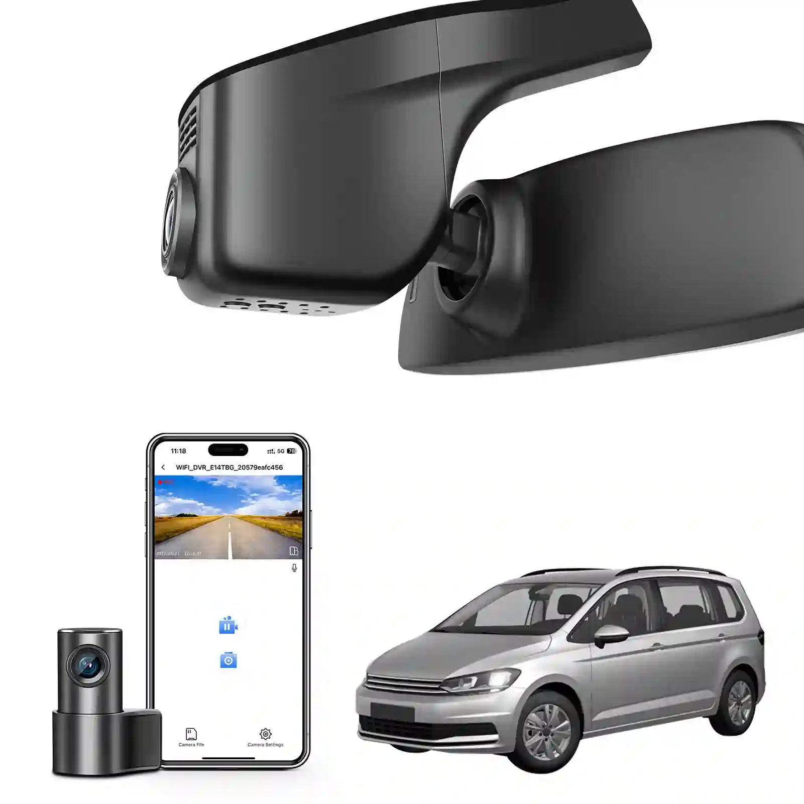 Mangoal 2 channel dash cam with STARVIS sensor, features smartphone app control, front 4K UHD and rear Full HD recording, GPS tracking, and Volkswagen Touran in the background.