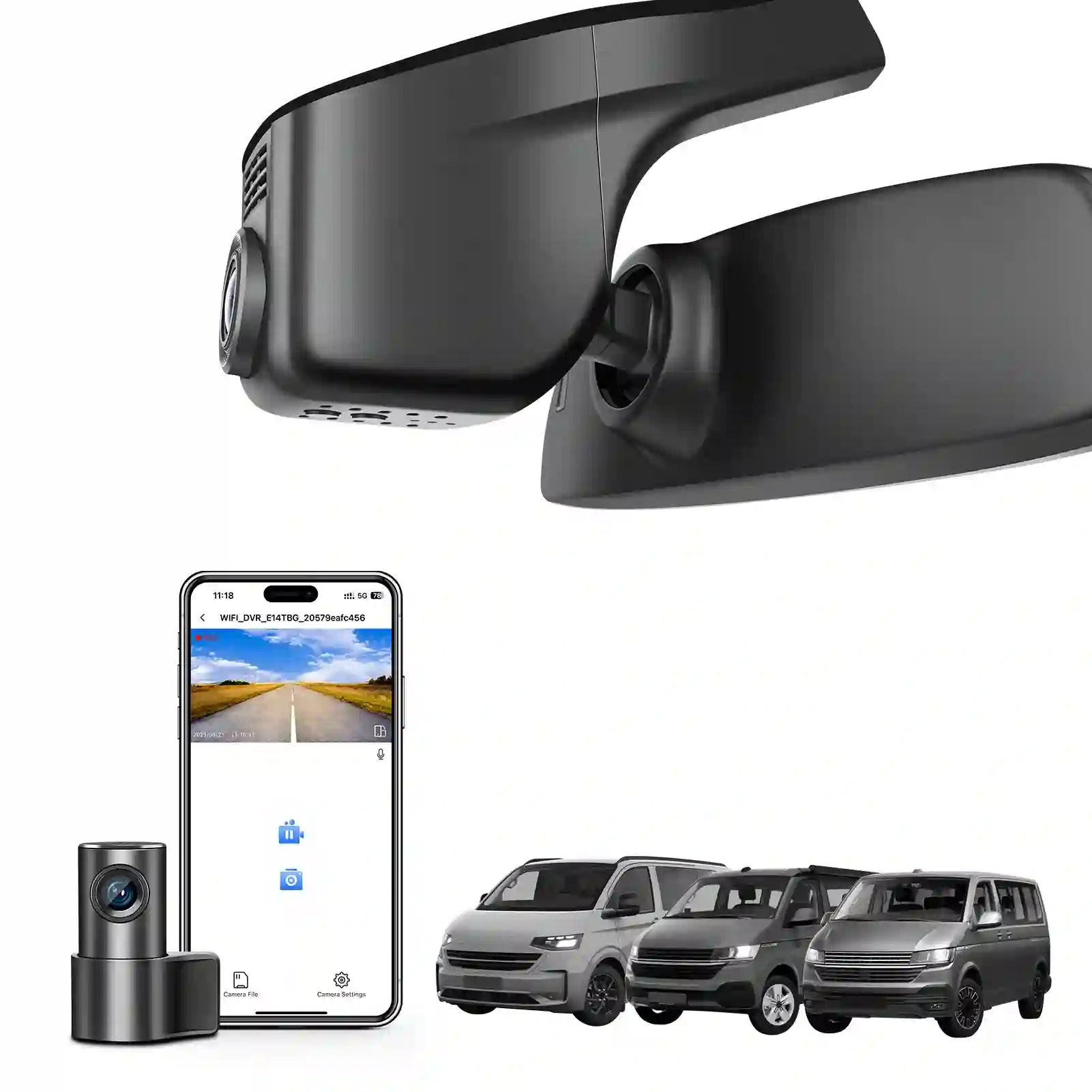 Mangoal 2 channel dash cam with STARVIS sensor, features smartphone app control, front 4K UHD and rear Full HD recording, GPS tracking, and Volkswagen Transporter in the background.