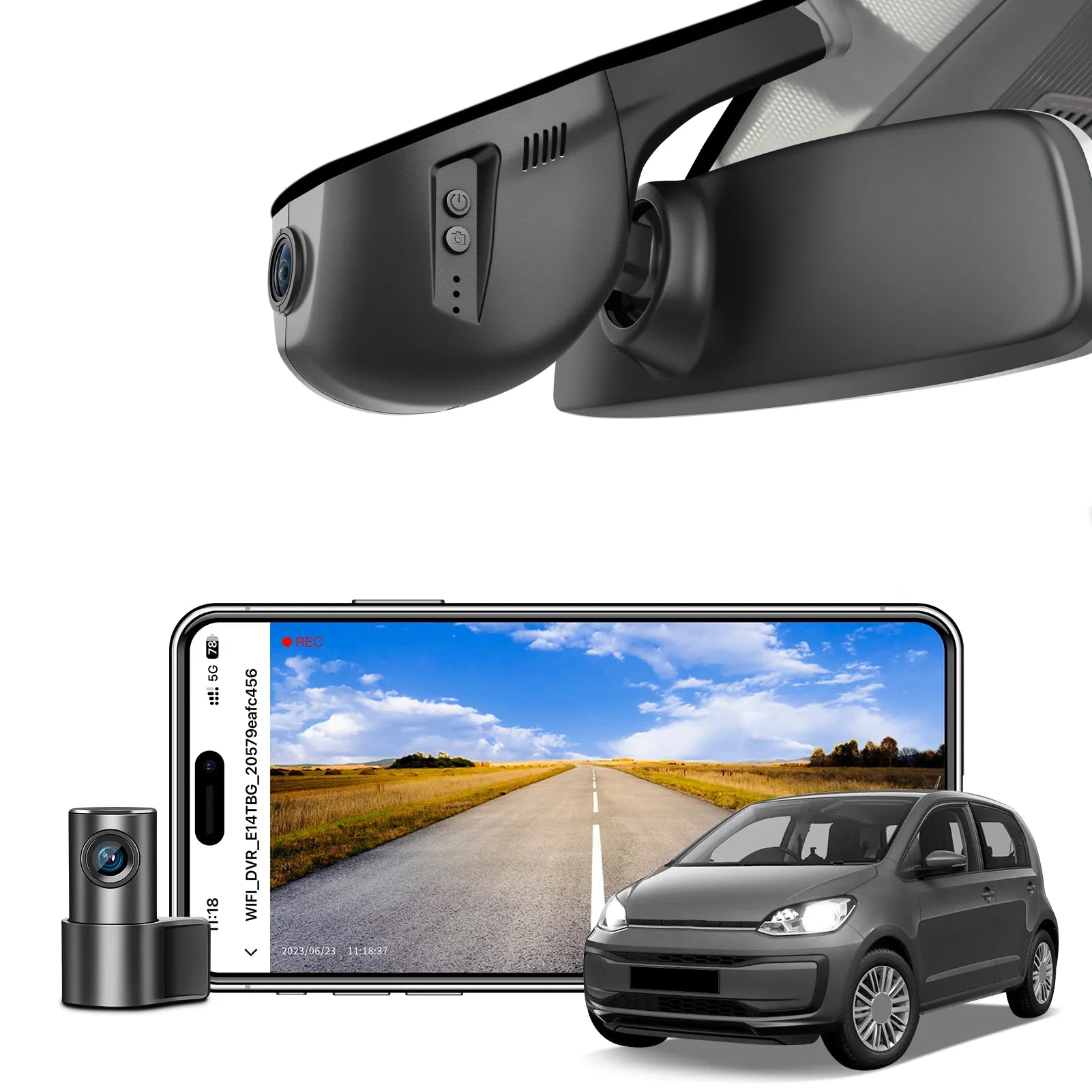 Mangoal 2 channel dash cam with STARVIS sensor, features smartphone app control, front 4K UHD and rear Full HD recording, GPS tracking, and Volkswagen up! in the background.