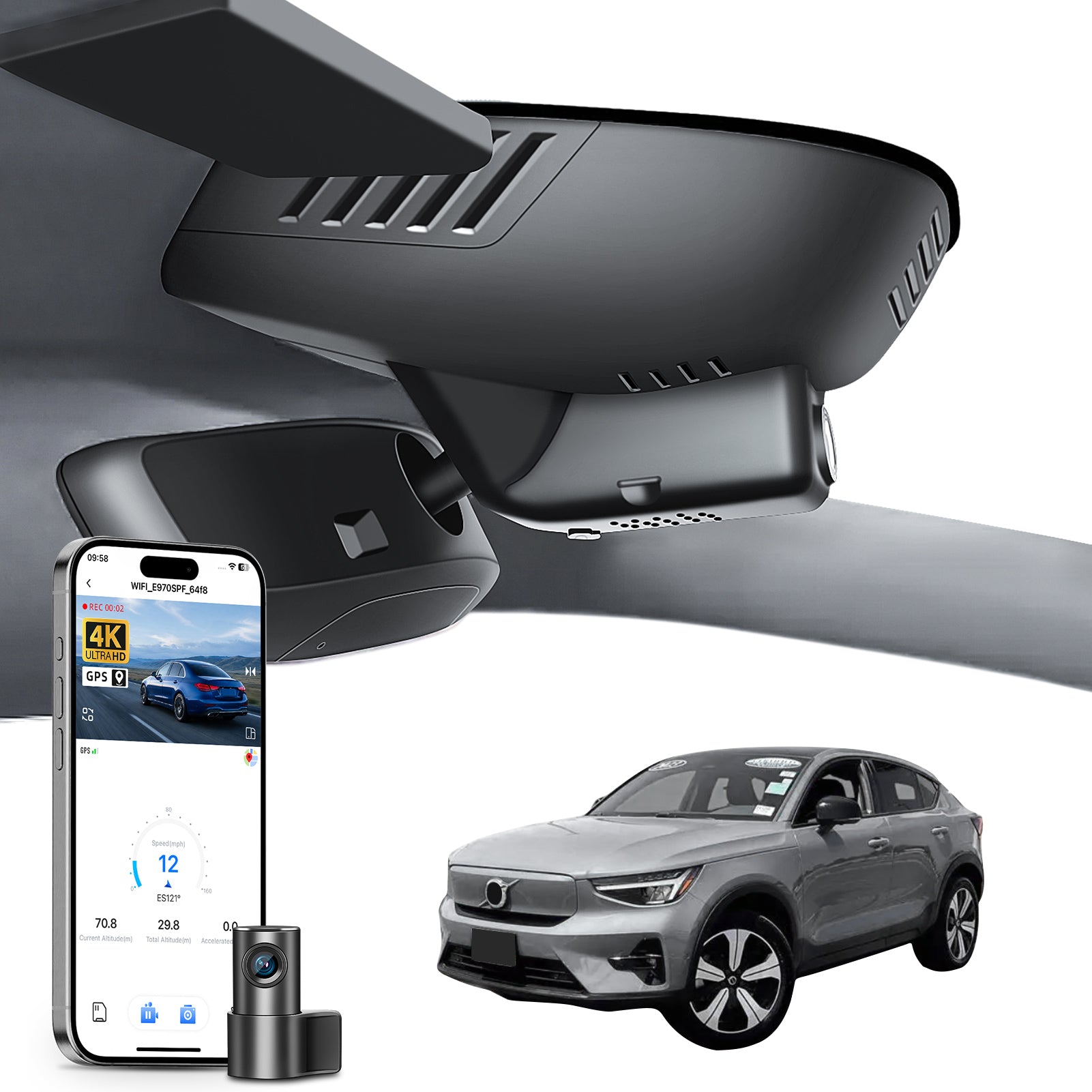 Mangoal 2 channel dash cam with STARVIS sensor, features smartphone app control, front 4K UHD and rear Full HD recording, GPS tracking, and Volvo C40 in the background.