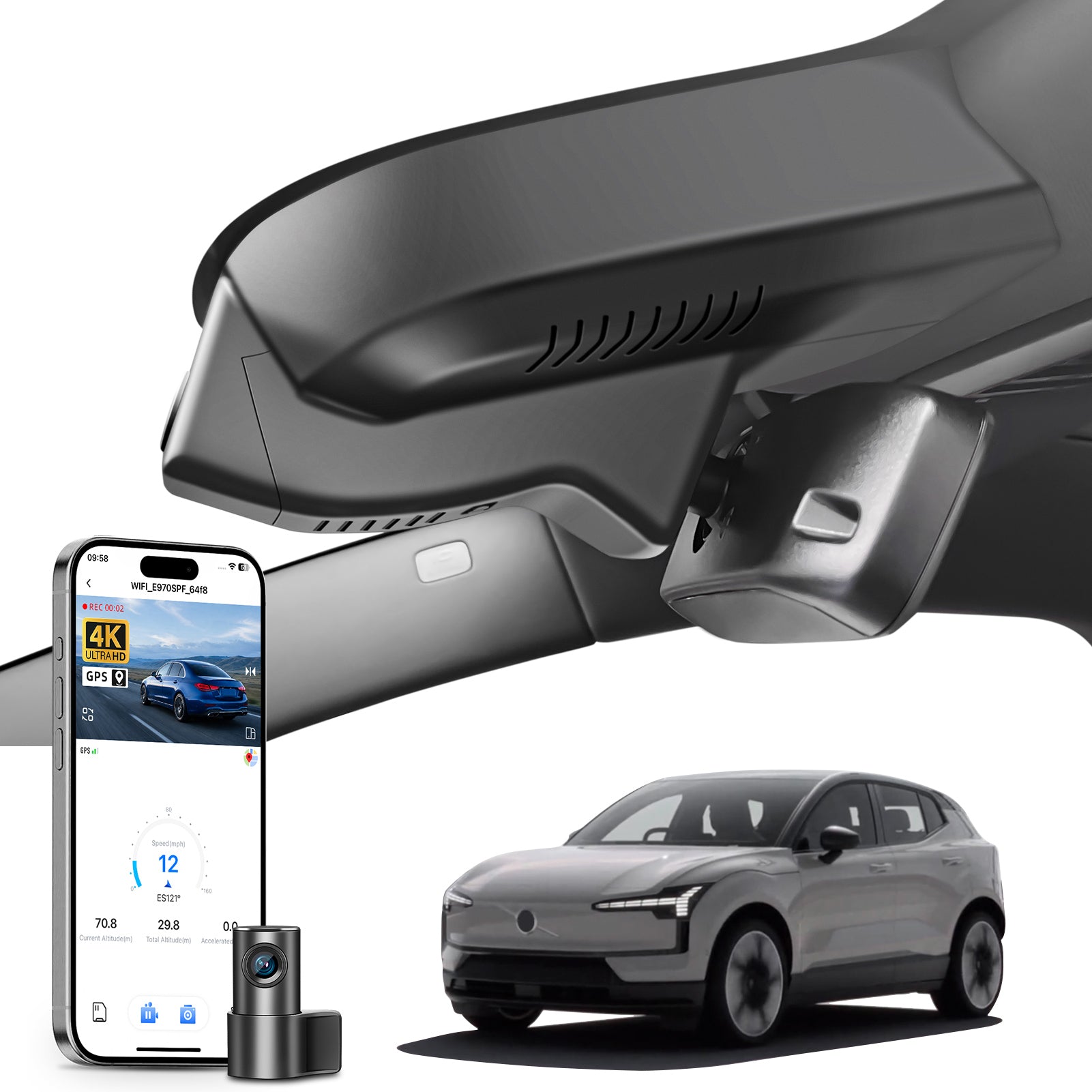 Mangoal 2 channel dash cam with STARVIS sensor, features smartphone app control, front 4K UHD and rear Full HD recording, GPS tracking, and Volvo EX30 in the background.