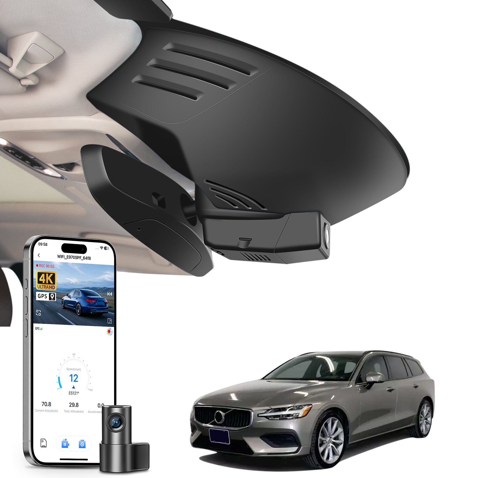 Mangoal 2 channel dash cam with STARVIS sensor, features smartphone app control, front 4K UHD and rear Full HD recording, GPS tracking, and Volvo S60 V60 in the background.