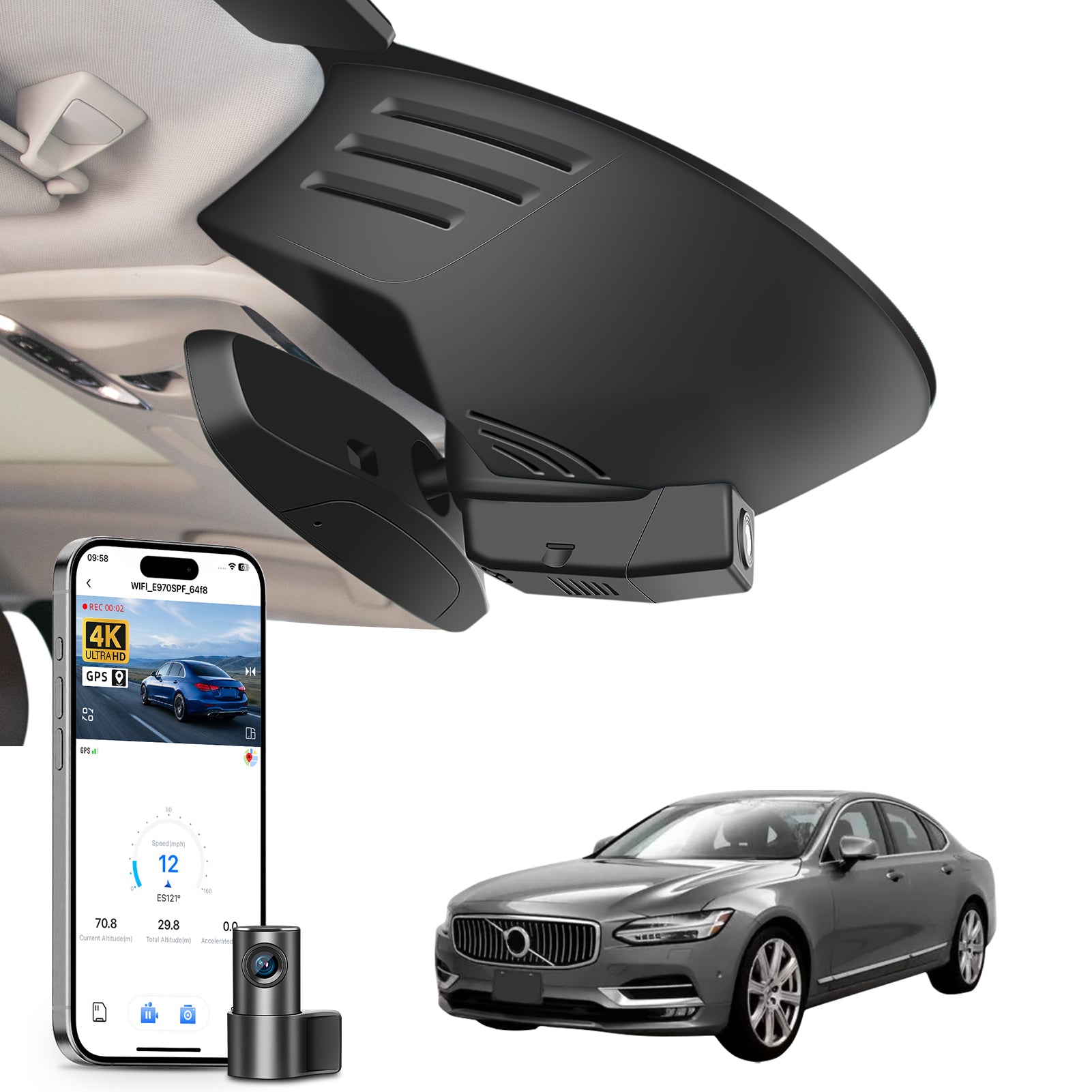 Mangoal 2 channel dash cam with STARVIS sensor, features smartphone app control, front 4K UHD and rear Full HD recording, GPS tracking, and Volvo S90 V90 in the background.
