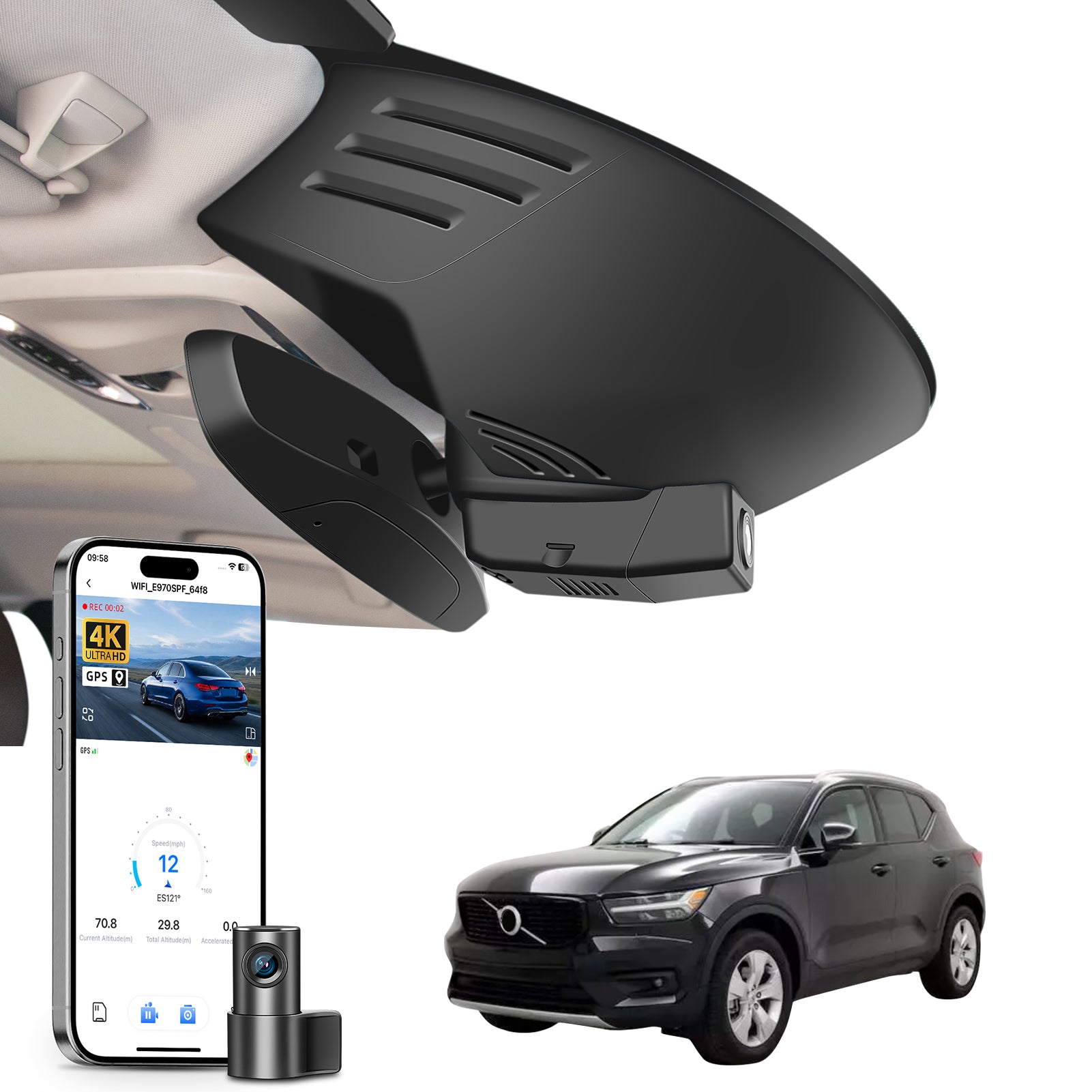 Mangoal 2 channel dash cam with STARVIS sensor, features smartphone app control, front 4K UHD and rear Full HD recording, GPS tracking, and Volvo XC40 in the background.