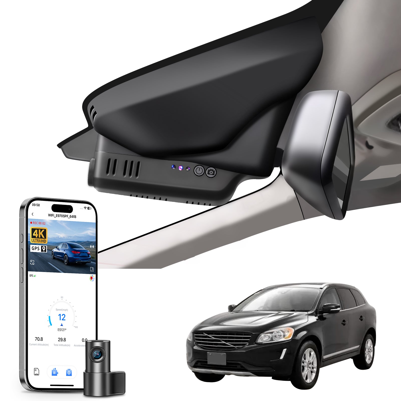 Mangoal 2 channel dash cam with STARVIS sensor, features smartphone app control, front 4K UHD and rear Full HD recording, GPS tracking, and Volvo XC60 in the background.