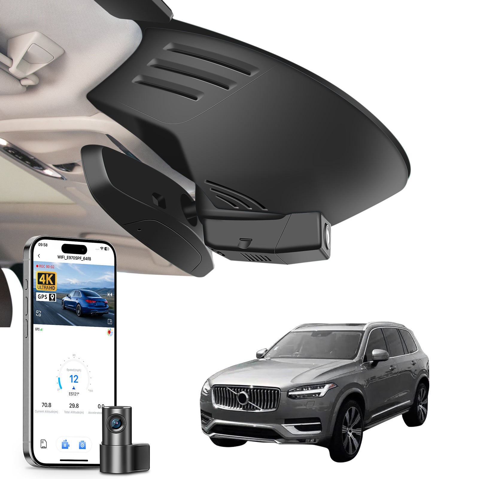 Mangoal 2 channel dash cam with STARVIS sensor, features smartphone app control, front 4K UHD and rear Full HD recording, GPS tracking, and Volvo XC90 in the background.