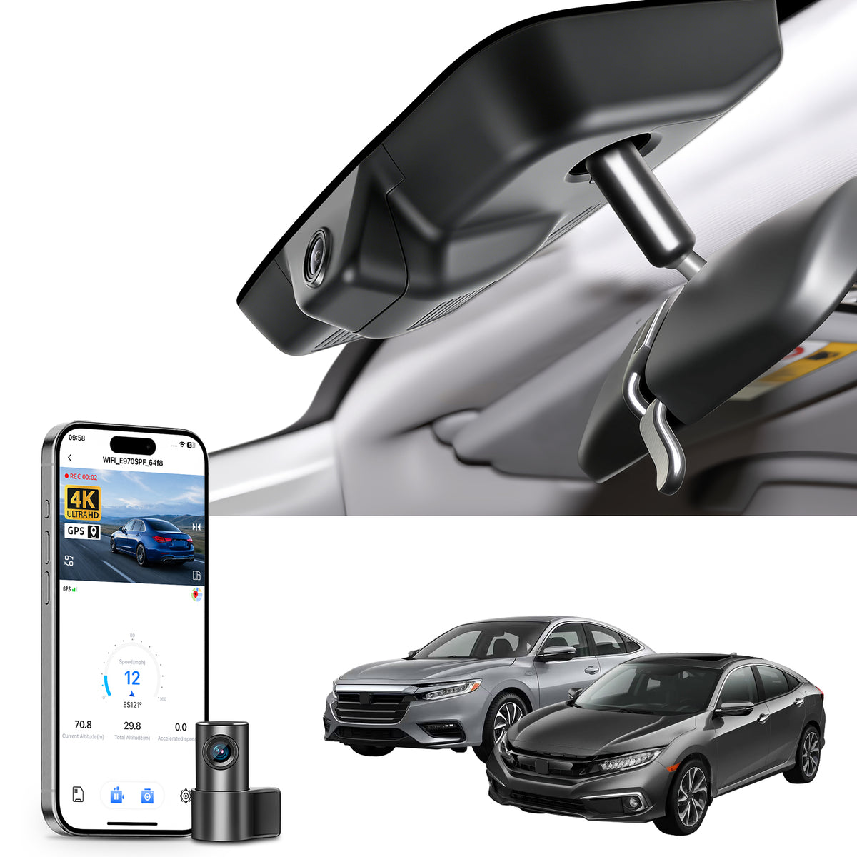 2 channel dash cam with dual STARVIS 2, features smartphone app control, 4K Ultra HD recording, GPS tracking, and Honda Gen10 Civic models in the background.