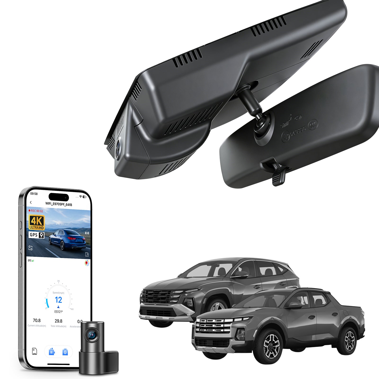 2 channel dash cam with dual STARVIS 2, features smartphone app control, 4K Ultra HD recording, GPS tracking, and Hyundai Tucson & Santa models in the background. 