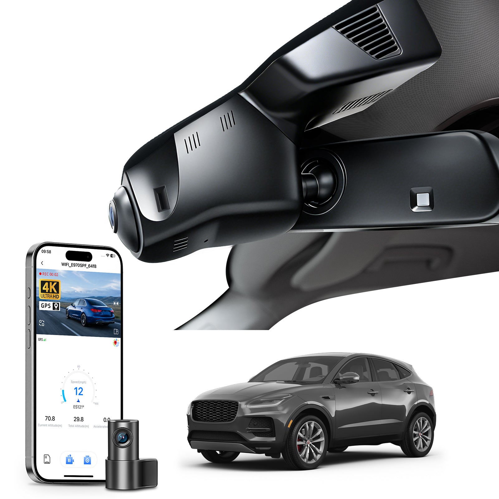 2 channel dash cam with dual STARVIS 2, features smartphone app control, 4K Ultra HD recording, GPS tracking, and Jaguar E-Pace models in the background. 