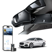 2 channel dash cam with dual STARVIS 2, features smartphone app control, 4K Ultra HD recording, GPS tracking, and Jaguar XE models in the background.