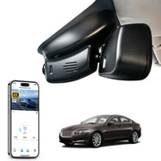 2 channel dash cam with dual STARVIS 2, features smartphone app control, 4K Ultra HD recording, GPS tracking, and Jaguar XF models in the background.