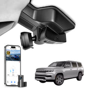 2 channel dash cam with dual STARVIS 2, features smartphone app control, 4K Ultra HD recording, GPS tracking, and Jeep Grand Cherokee models in the background.