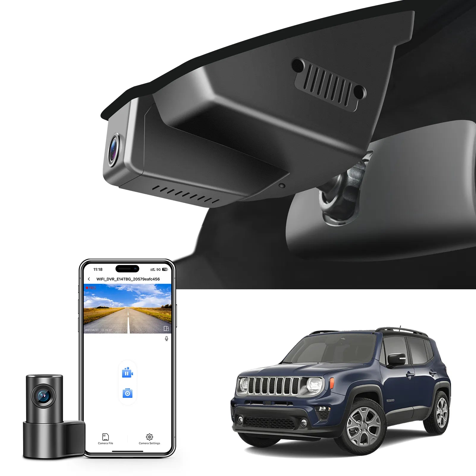 2 channel dash cam with dual STARVIS 2, features smartphone app control, 4K Ultra HD recording, GPS tracking, and Jeep Renegade models in the background.