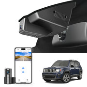 2 channel dash cam with dual STARVIS 2, features smartphone app control, 4K Ultra HD recording, GPS tracking, and Jeep Renegade models in the background.