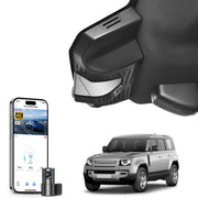 2 channel dash cam with dual STARVIS 2, features smartphone app control, 4K Ultra HD recording, GPS tracking, and Land Rover Defender models in the background.