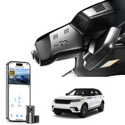 2 channel dash cam with dual STARVIS 2, features smartphone app control, 4K Ultra HD recording, GPS tracking and Land Rover Range Roverr Velar models in the background.