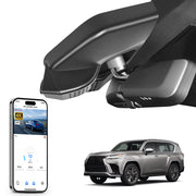 2 channel dash cam with dual STARVIS 2, features smartphone app control, 4K Ultra HD recording, GPS tracking, and Lexus LX models in the background.