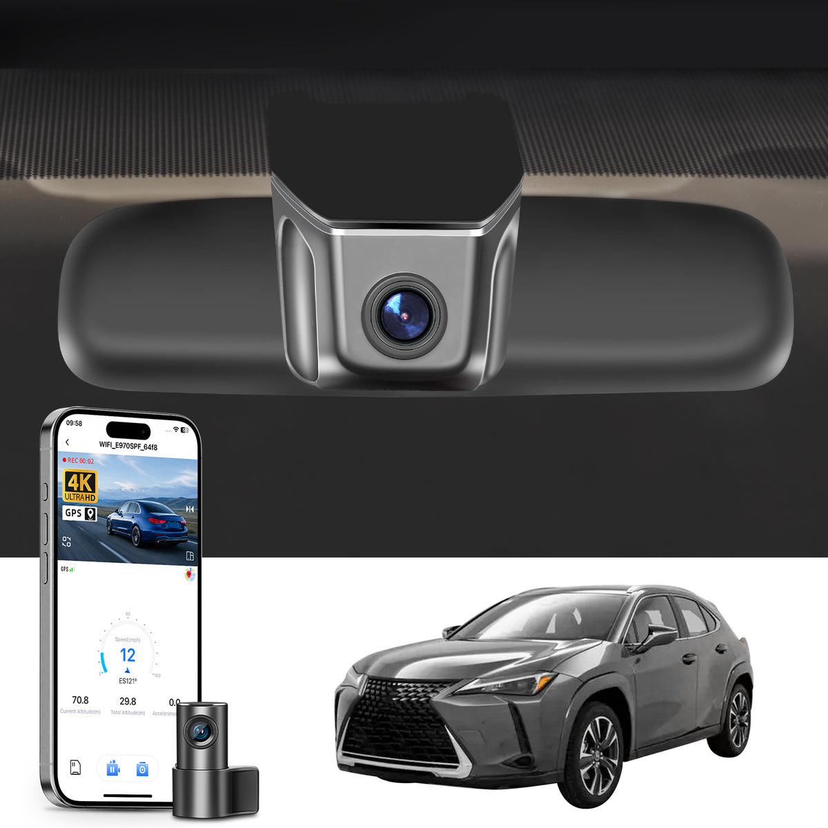 2 channel dash cam with dual STARVIS 2, features smartphone app control, 4K Ultra HD recording, GPS tracking, and Lexus UX models in the background.