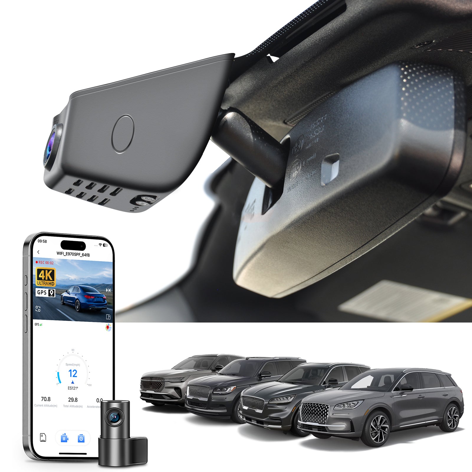 2 channel dash cam with dual STARVIS 2, features smartphone app control, 4K Ultra HD recording, GPS tracking, and Lincoln models in the background.