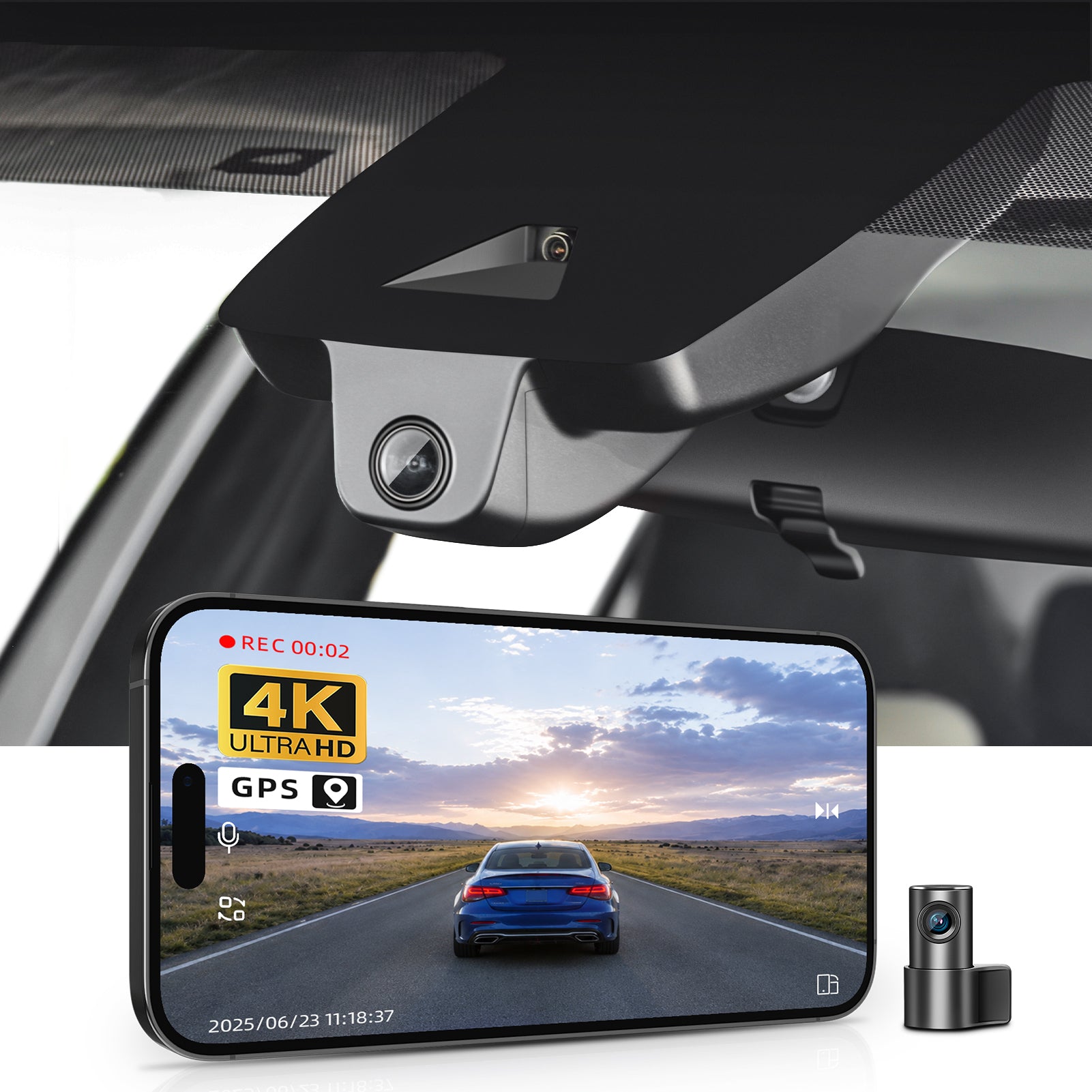 2 channel dash cam with dual STARVIS 2, features smartphone app control, 4K Ultra HD recording, GPS tracking, and Subaru Uncharted models in the background.