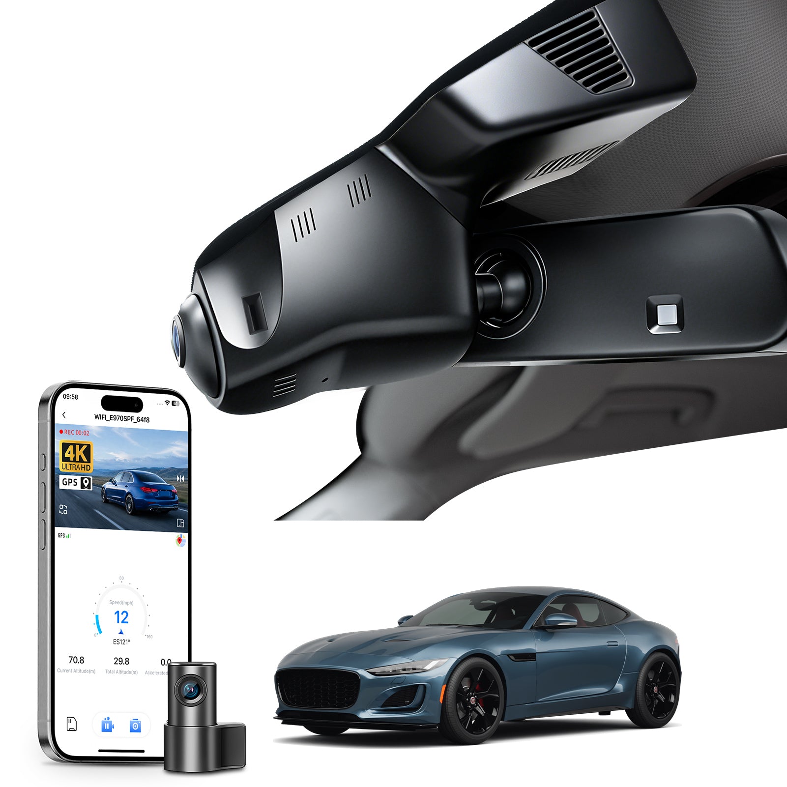 2 channel dash cam with dual STARVIS 2, features smartphone app control, 4K Ultra HD recording, GPS tracking, and  Jaguar F-Type models in the background.