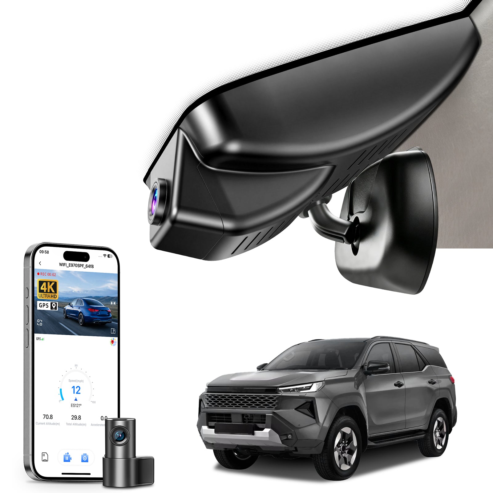 2 channel dash cam with dual STARVIS 2, features smartphone app control, 4K Ultra HD recording, GPS tracking and Toyota Hilux(pickup) & Fortuner(SUV) models in the background. 