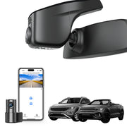 Mangoal 2 channel dash cam with STARVIS sensor, features smartphone app control, front 4K UHD and rear Full HD recording, GPS tracking, and Volkswagen T-ROC in the background.