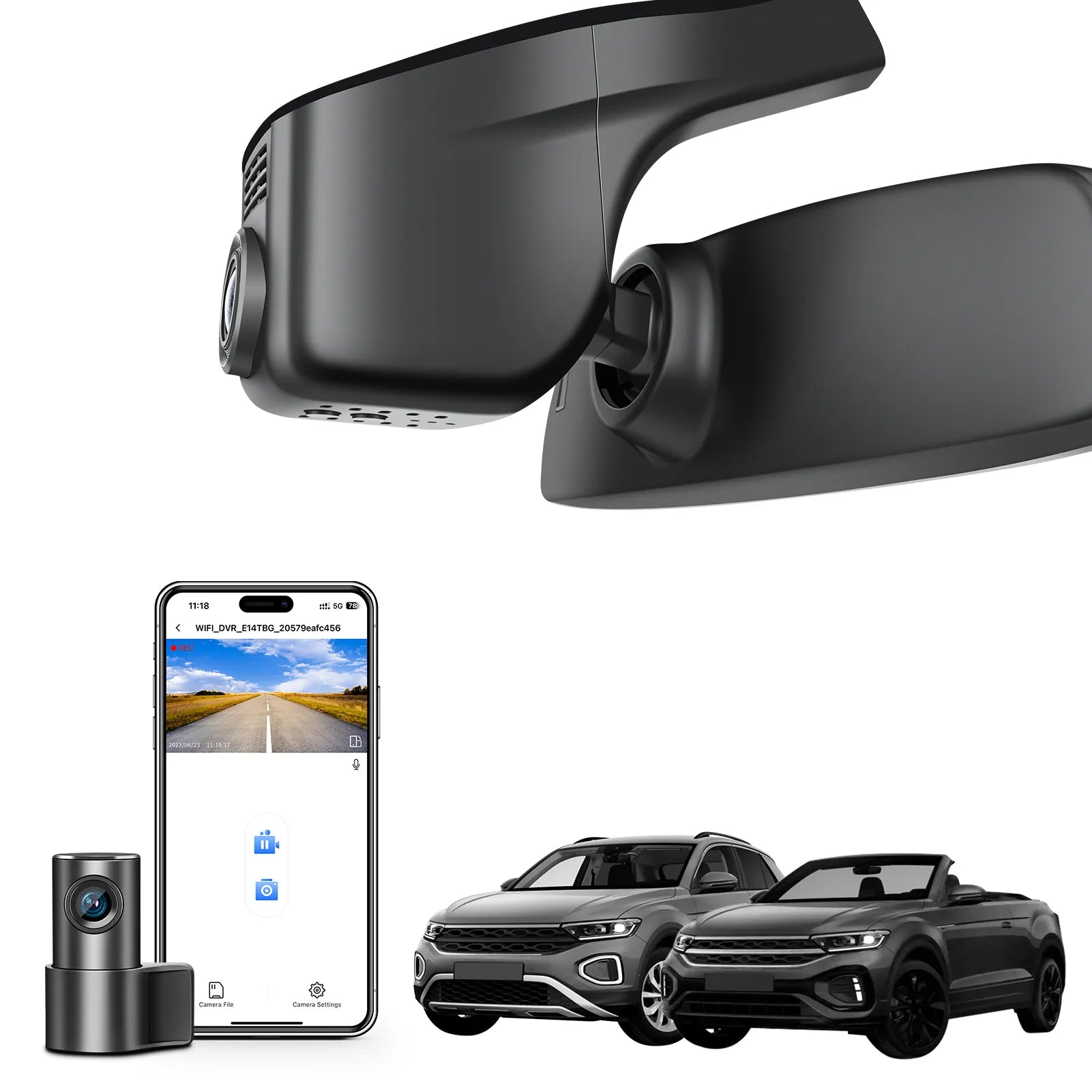 Mangoal 2 channel dash cam with STARVIS sensor, features smartphone app control, front 4K UHD and rear Full HD recording, GPS tracking, and Volkswagen T-ROC in the background.