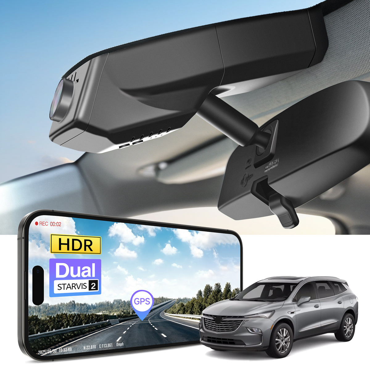 Car rearview mirror built-in dash cam with smartphone app control, 4K Ultra HD recording, GPS tracking, and Buick Enclave SUV models in the background.