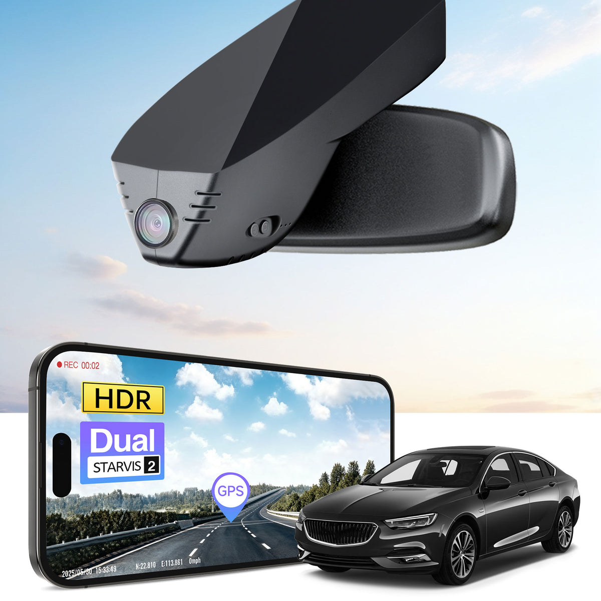 Car rearview mirror built-in dash cam with smartphone app control, 4K Ultra HD recording, GPS tracking, and Buick Regal car models in the background.
