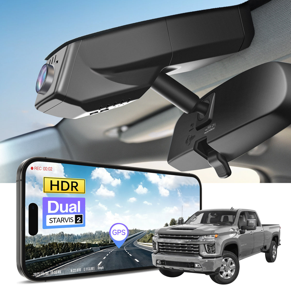 Car rearview mirror built-in dash cam with smartphone app control, 4K Ultra HD recording, GPS tracking, and Chevy Silverado pickup truck models in the background.