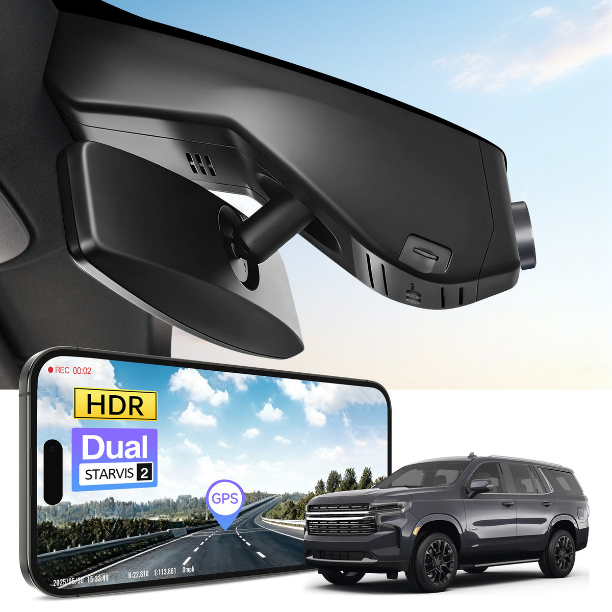 Car rearview mirror built-in dash cam with smartphone app control, 4K Ultra HD recording, GPS tracking, and Chevy Suburban Tahoe SUV models in the background.