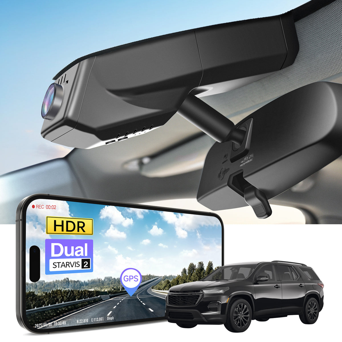 Car rearview mirror built-in dash cam with smartphone app control, 4K Ultra HD recording, GPS tracking, and Chevy Traverse SUV models in the background.