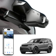 Car rearview mirror built-in dash cam with smartphone app control, 4K Ultra HD recording, GPS tracking and Land Rover Discovery 4 / LR4 models in the background.