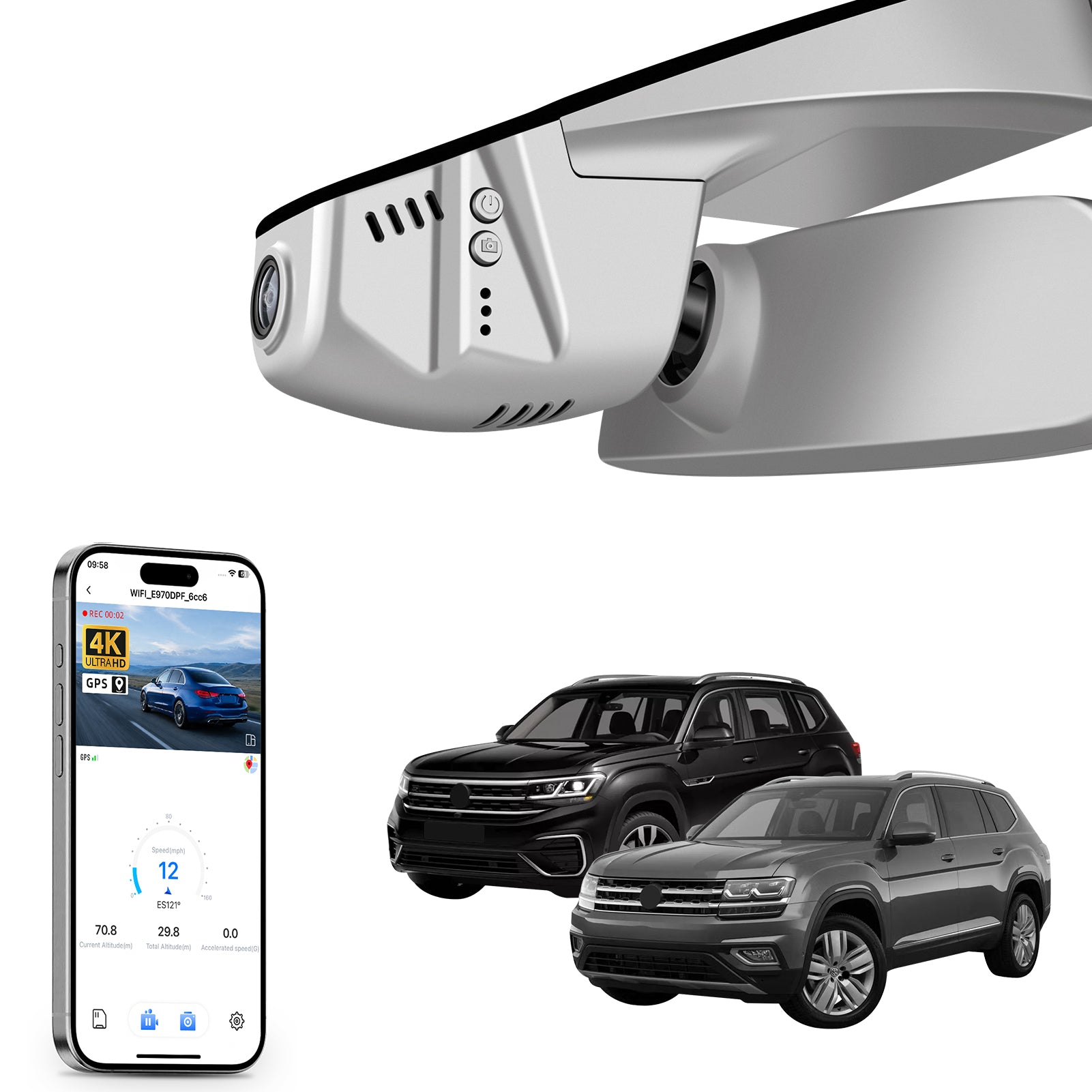 Car rearview mirror built-in dash cam with smartphone app control, 4K Ultra HD recording, GPS tracking, and Volkswagen Amarok Pickup models in the background.