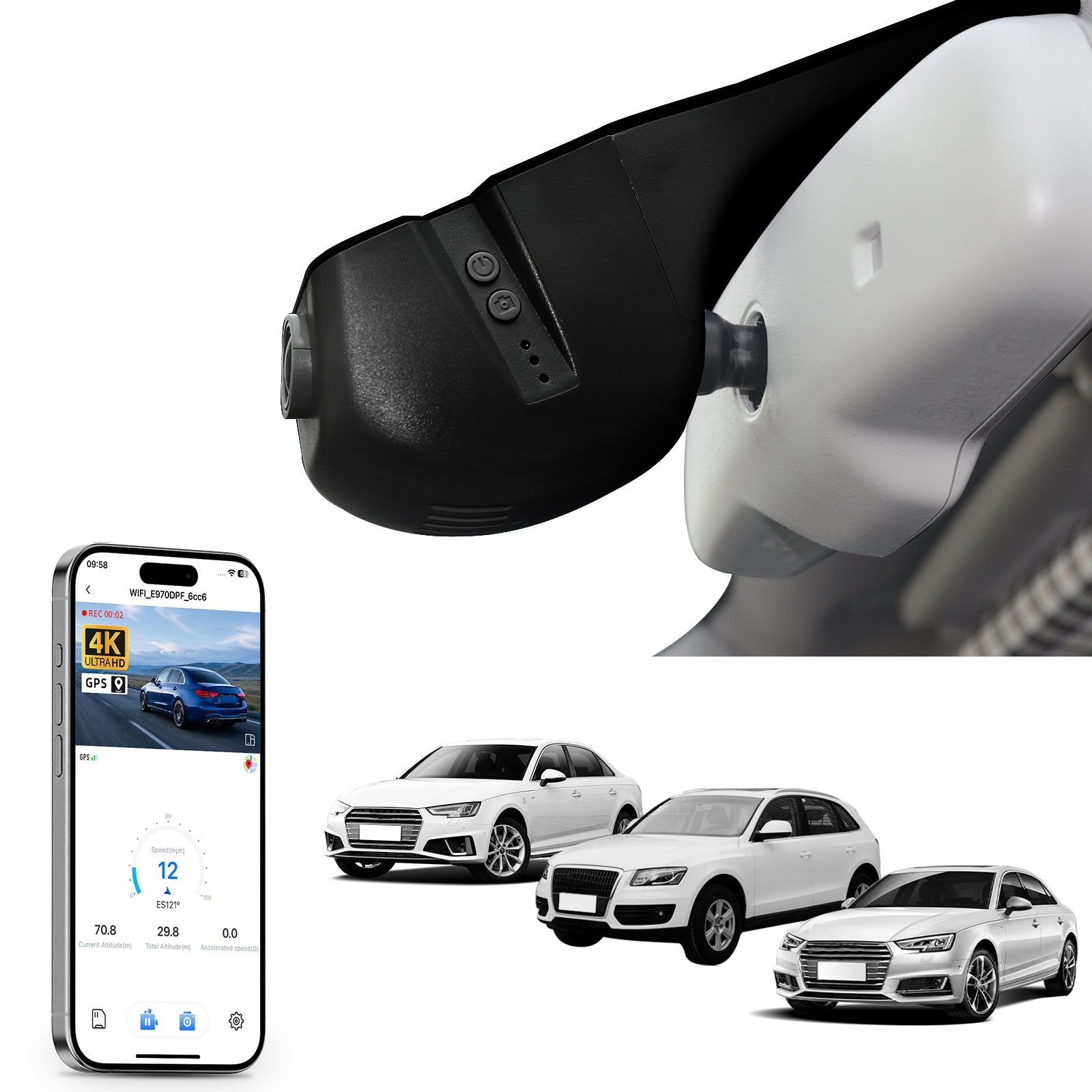 Mangoal rearview mirror built-in dash cam with smartphone app control, 4K Ultra HD recording, GPS tracking, and Audi Black models in the background.