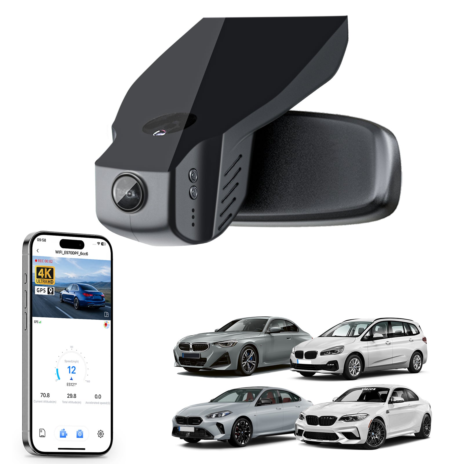 Mangoal rearview mirror built-in dash cam with smartphone app control, 4K Ultra HD recording, GPS tracking, and BMW 2 Series M2 models in the background.