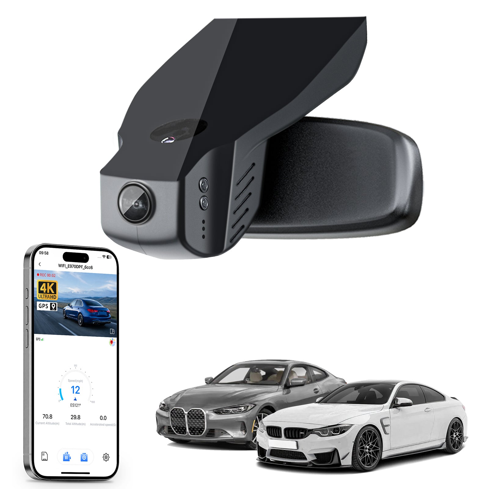 Mangoal rearview mirror built-in dash cam with smartphone app control, 4K Ultra HD recording, GPS tracking, and BMW 4 Series Gen1 models in the background.