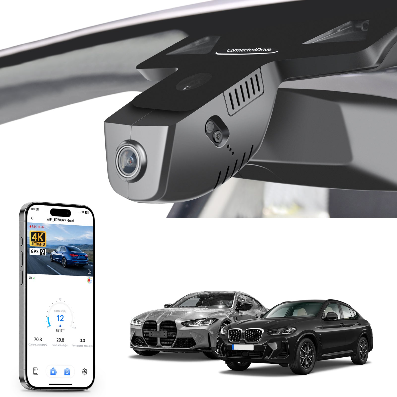 Mangoal rearview mirror built-in dash cam with smartphone app control, 4K Ultra HD recording, GPS tracking, and BMW 4 Series Gen2 models in the background.