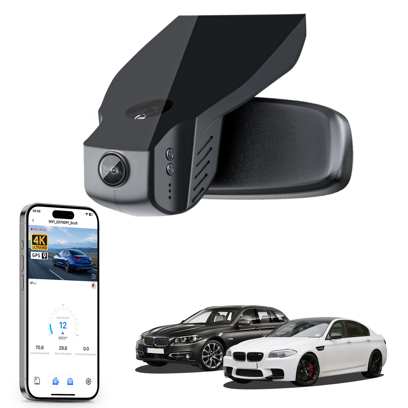 Mangoal rearview mirror built-in dash cam with smartphone app control, 4K Ultra HD recording, GPS tracking, and BMW 5 Series Gen6 models in the background.