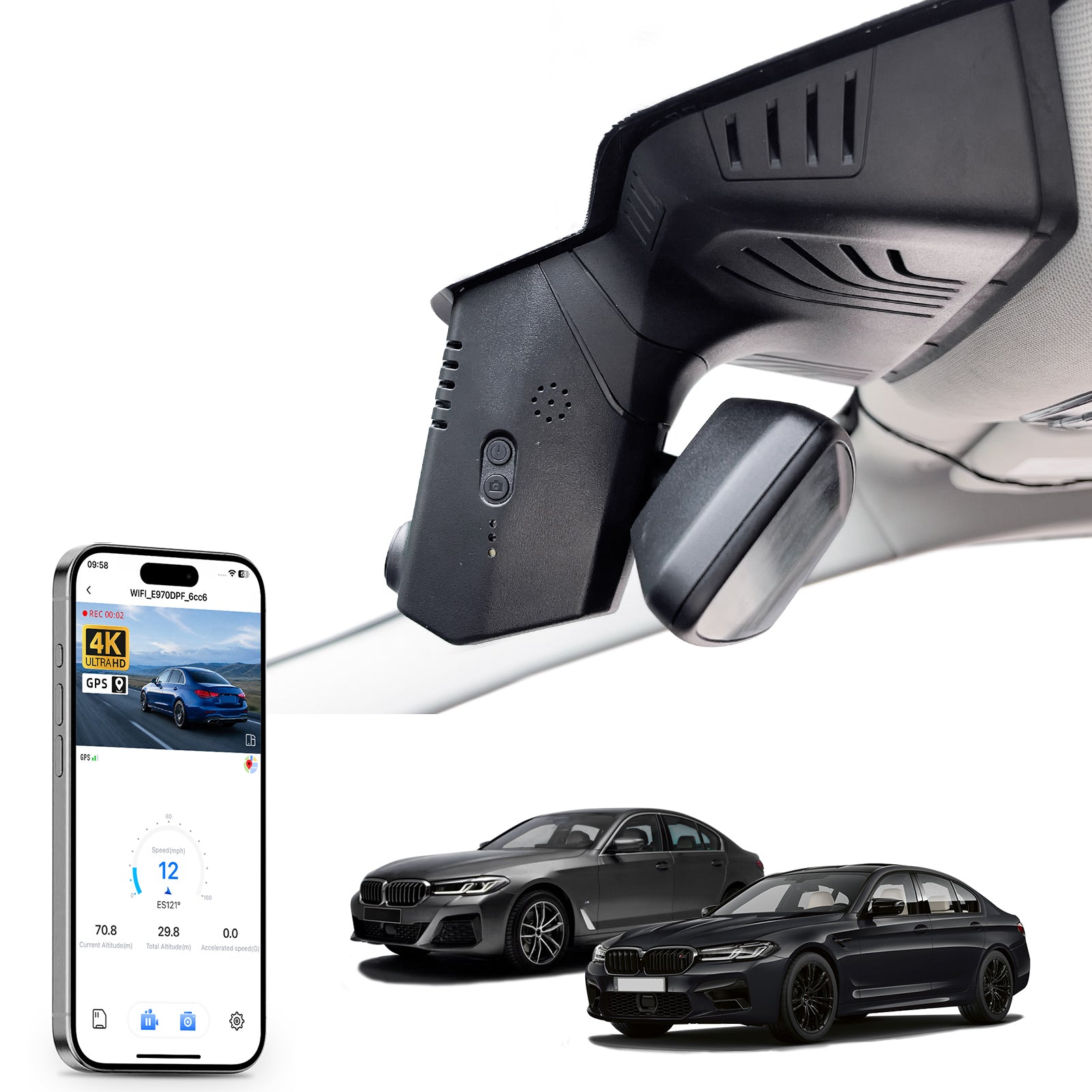 Mangoal rearview mirror built-in dash cam with smartphone app control, 4K Ultra HD recording, GPS tracking, and BMW 5 Series Gen7 models in the background.