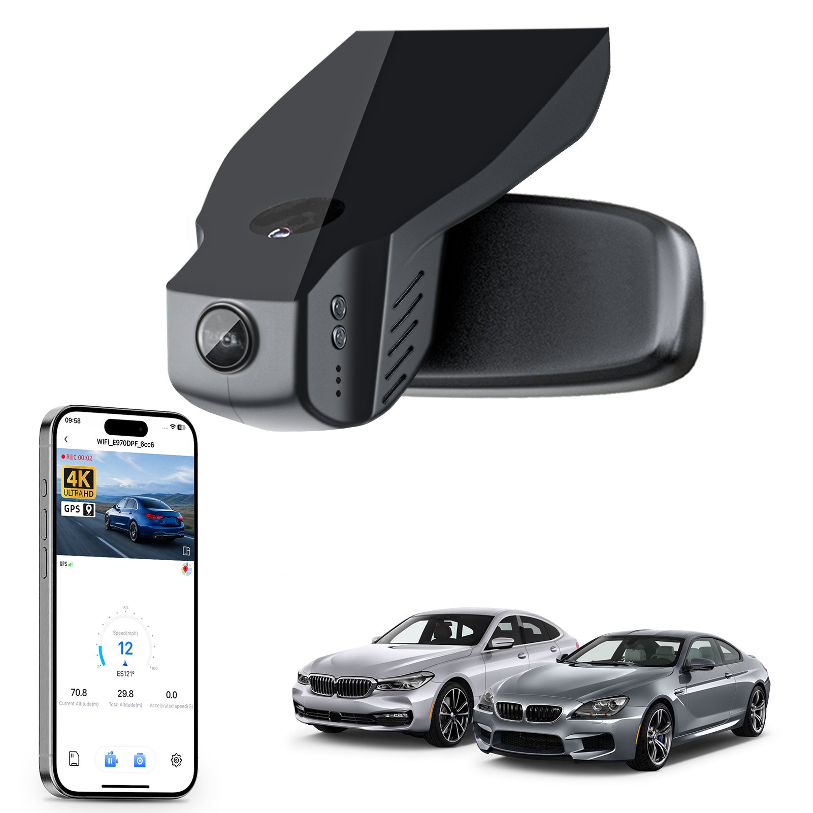 Mangoal rearview mirror built-in dash cam with smartphone app control, 4K Ultra HD recording, GPS tracking, and BMW 6 Series Gen3 models in the background.